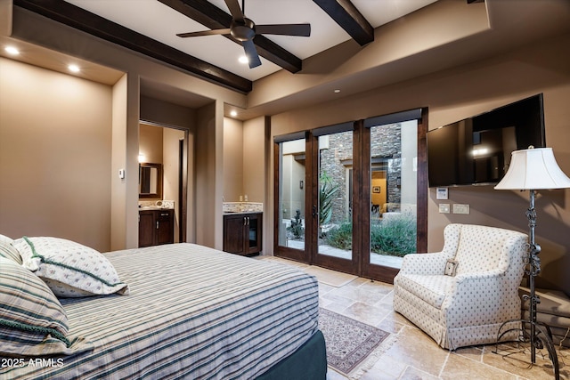 bedroom with beam ceiling, connected bathroom, access to exterior, and ceiling fan