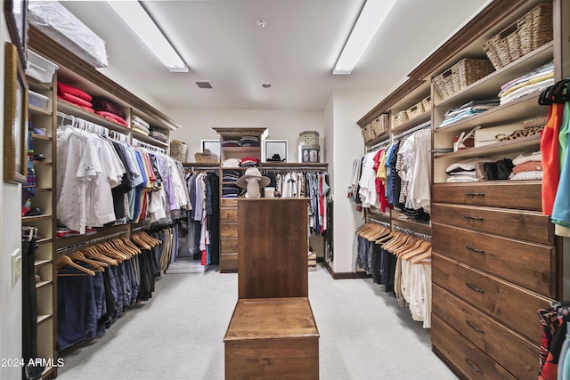 spacious closet featuring light colored carpet