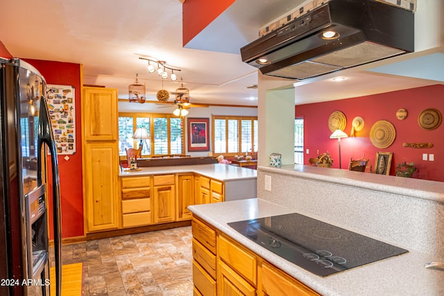 kitchen featuring ceiling fan, stainless steel fridge with ice dispenser, kitchen peninsula, black electric stovetop, and exhaust hood