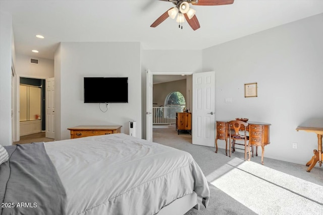 bedroom featuring light carpet, ceiling fan, visible vents, and recessed lighting