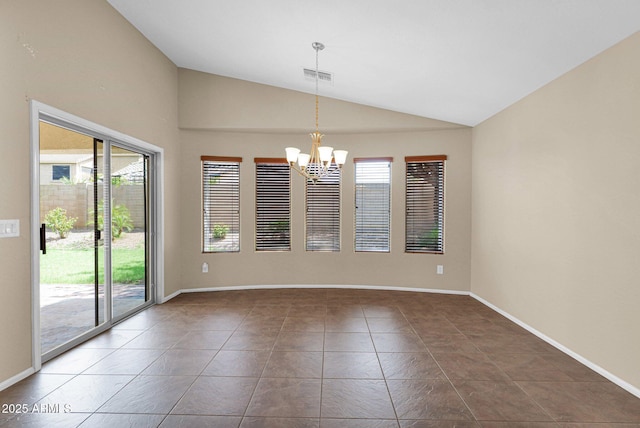 2620 E Rustling Oaks Ln, Phoenix, AZ 85024 - tiled empty room with lofted ceiling, a chandelier, healthy amount of natural light, and baseboards