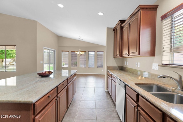 2620 E Rustling Oaks Ln, Phoenix, AZ 85024 - kitchen featuring a sink, dishwasher, vaulted ceiling, a chandelier, and light stone countertops