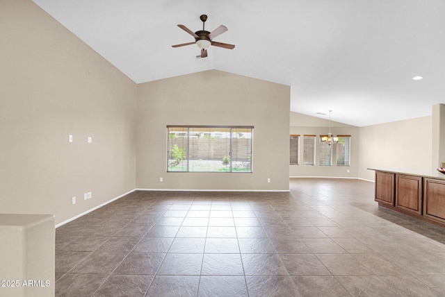 2620 E Rustling Oaks Ln, Phoenix, AZ 85024 - unfurnished living room with lofted ceiling, a chandelier, a ceiling fan, baseboards, and tile patterned flooring