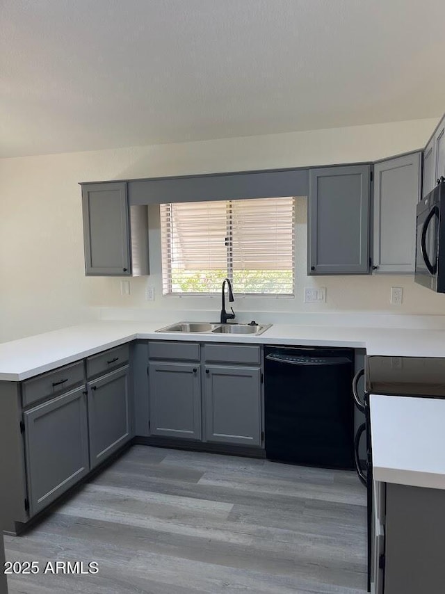 kitchen with black dishwasher, gray cabinets, light countertops, and a sink