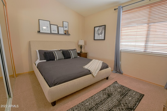 bedroom with lofted ceiling, carpet flooring, and a closet