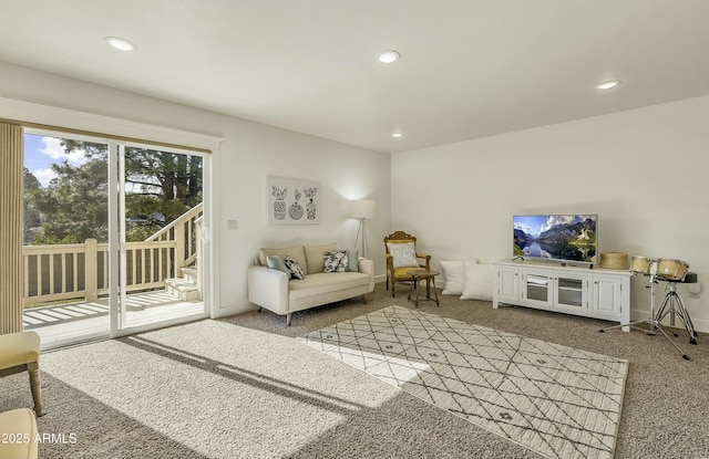 living area featuring baseboards, carpet flooring, and recessed lighting