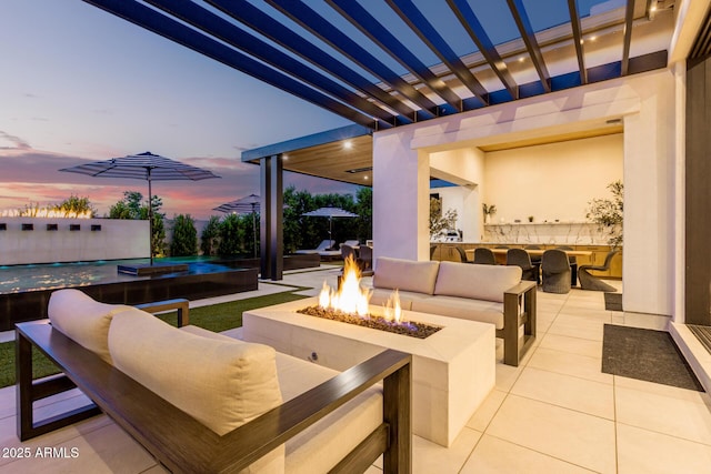 3684 E Boot Track Trl, Gilbert, AZ 85296 - view of patio featuring an outdoor living space with a fire pit, a jacuzzi, an infinity pool, and a pergola