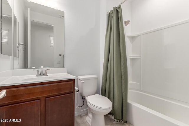 full bathroom with toilet, shower / bath combo, and vanity