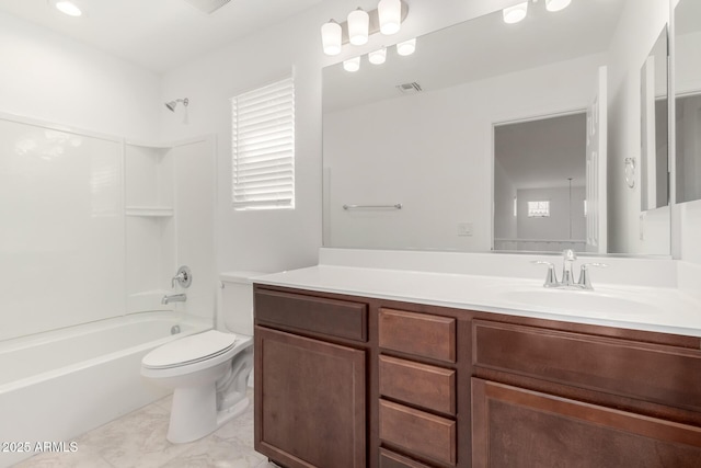 bathroom with visible vents, shower / tub combination, vanity, toilet, and marble finish floor