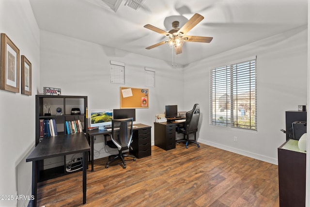 office featuring wood-type flooring and ceiling fan