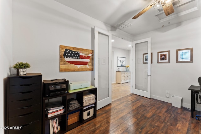 interior space with dark hardwood / wood-style flooring, french doors, and ceiling fan