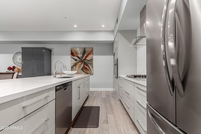 kitchen featuring a sink, light wood finished floors, appliances with stainless steel finishes, and light countertops