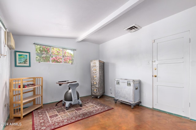 miscellaneous room featuring concrete flooring and vaulted ceiling with beams