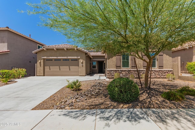 10502 W Bronco Trl, Peoria, AZ 85383 - view of front facade featuring an attached garage, concrete driveway, solar panels, stucco siding, and a tile roof