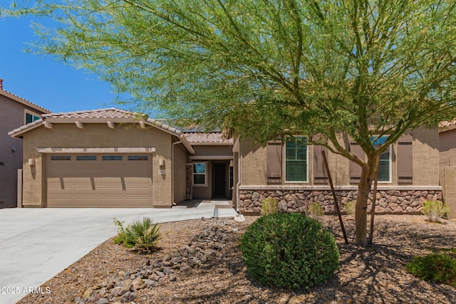 10502 W Bronco Trl, Peoria, AZ 85383 - view of front of home with an attached garage, driveway, solar panels, a tiled roof, and stucco siding