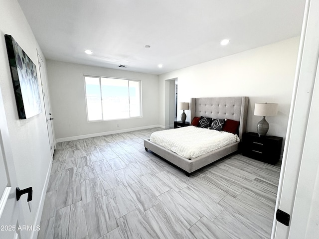 bedroom featuring recessed lighting, visible vents, and baseboards