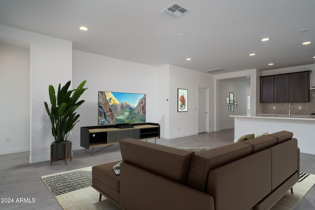 living room featuring sink and light hardwood / wood-style flooring