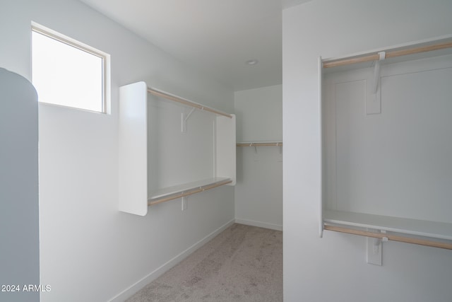 spacious closet featuring light colored carpet