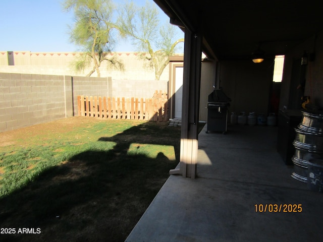 view of yard with a patio and a fenced backyard