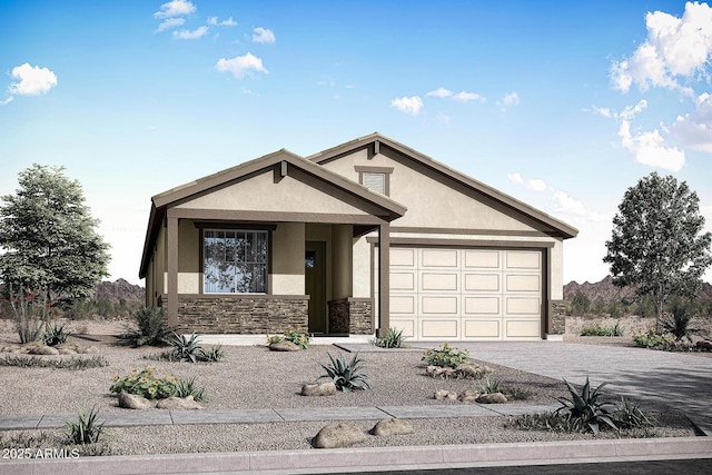 view of front of house with stucco siding, stone siding, an attached garage, and decorative driveway