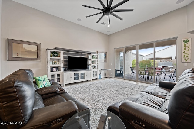 1319 N Chatsworth St, Mesa, AZ 85207 - living room featuring ceiling fan, visible vents, a towering ceiling, and baseboards
