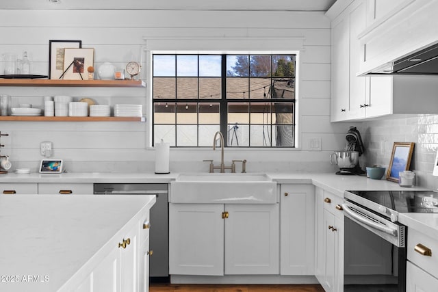 kitchen featuring premium range hood, white cabinets, sink, decorative backsplash, and appliances with stainless steel finishes