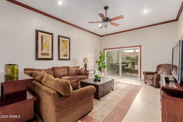 tiled living room featuring ornamental molding and ceiling fan