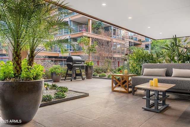 surrounding community with a patio area and outdoor lounge area