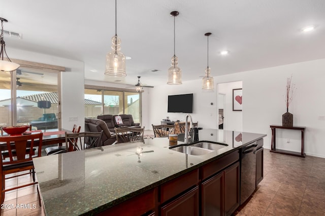 19889 W Montecito Ave, Litchfield Park, AZ 85340 - kitchen with a sink, dishwasher, hanging light fixtures, a ceiling fan, and recessed lighting