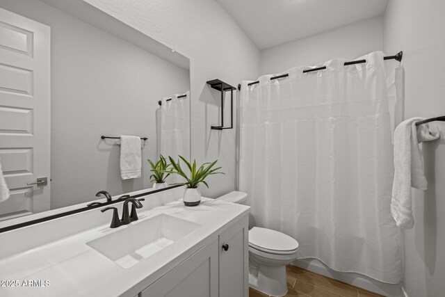 bathroom with wood finished floors, toilet, and vanity