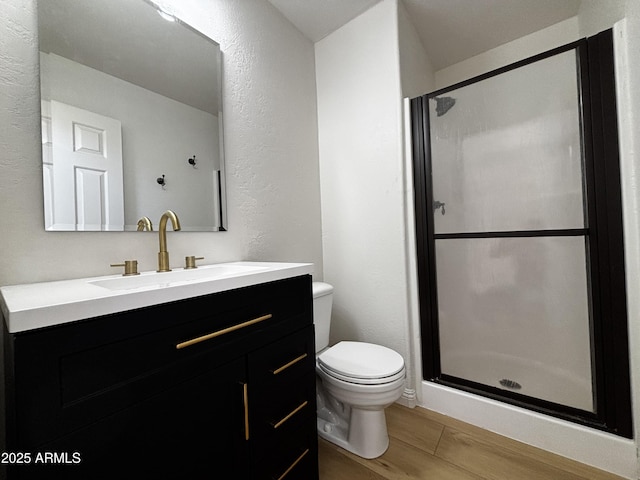 bathroom featuring toilet, a shower with shower door, wood-type flooring, and vanity