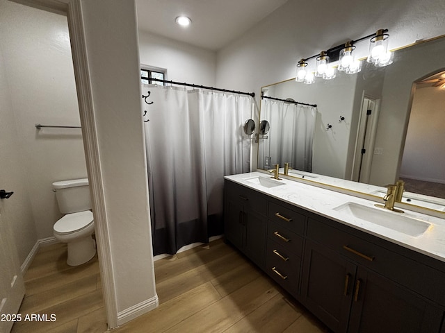 bathroom with toilet, wood-type flooring, and vanity