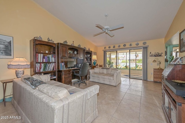 living area featuring light tile patterned floors, high vaulted ceiling, and a ceiling fan