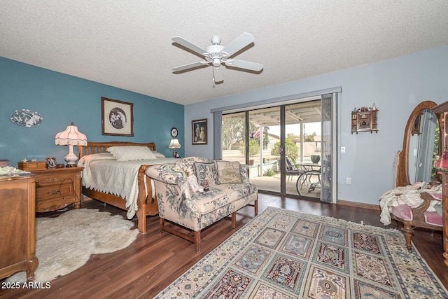 bedroom featuring a ceiling fan, access to exterior, wood finished floors, and a textured ceiling