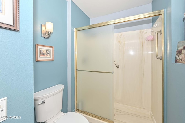 bathroom featuring a stall shower and toilet