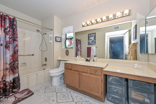 full bath with visible vents, toilet, shower / bath combo, tile patterned floors, and vanity