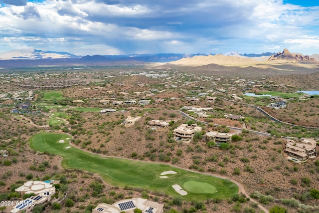 bird's eye view with golf course view and a mountain view