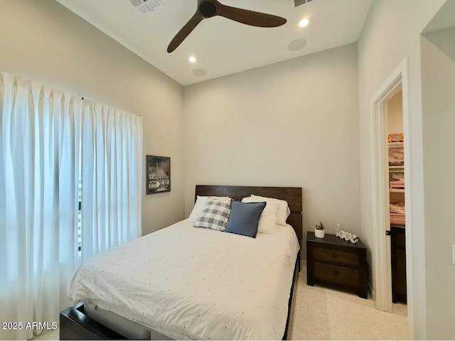 bedroom with a ceiling fan, recessed lighting, and visible vents