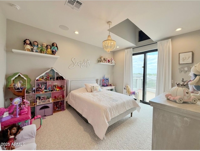 carpeted bedroom with visible vents, recessed lighting, and access to exterior