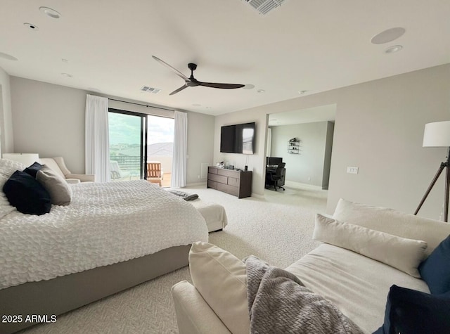 carpeted bedroom featuring baseboards, ceiling fan, access to exterior, and visible vents