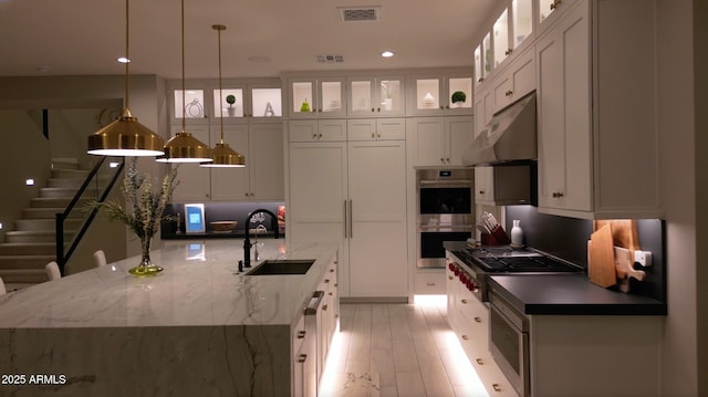 kitchen featuring a large island, visible vents, a sink, under cabinet range hood, and stainless steel appliances