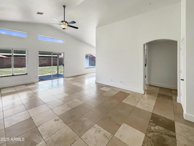 317 E Nunneley Rd, Gilbert, AZ 85296 - unfurnished room featuring arched walkways, a ceiling fan, high vaulted ceiling, and light tile patterned floors