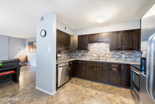 kitchen featuring tasteful backsplash, dark brown cabinetry, sink, and appliances with stainless steel finishes