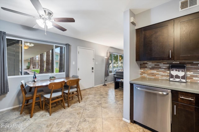 kitchen with dishwasher, ceiling fan, dark brown cabinetry, and backsplash