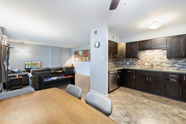 kitchen featuring dark brown cabinetry, ceiling fan, sink, stainless steel dishwasher, and backsplash