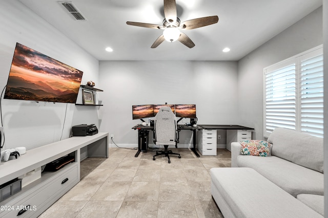 office area with ceiling fan