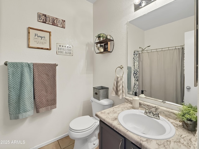 bathroom with toilet, curtained shower, tile patterned flooring, and vanity