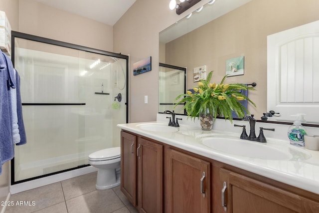 bathroom with tile patterned flooring, vanity, a shower with door, and toilet