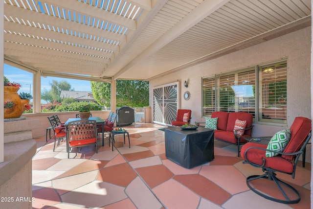 view of patio featuring a pergola and outdoor lounge area