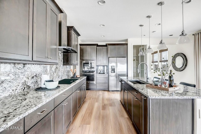 kitchen featuring an island with sink, appliances with stainless steel finishes, pendant lighting, wall chimney exhaust hood, and sink